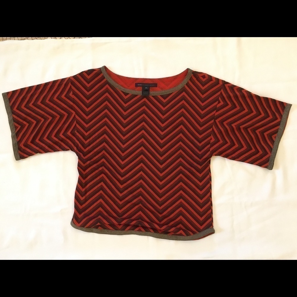MARC BY MARC JACOBS Women Red Gold Trim Zig Zag Oversized Top Size Xmall